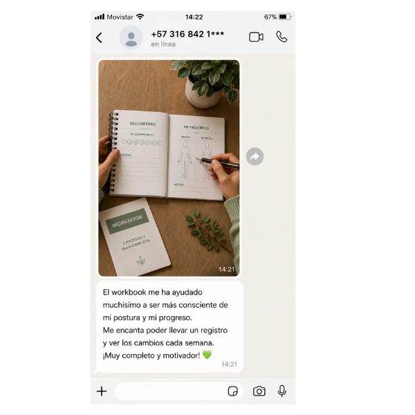Mensaje de una participante sobre el workbook y su progreso