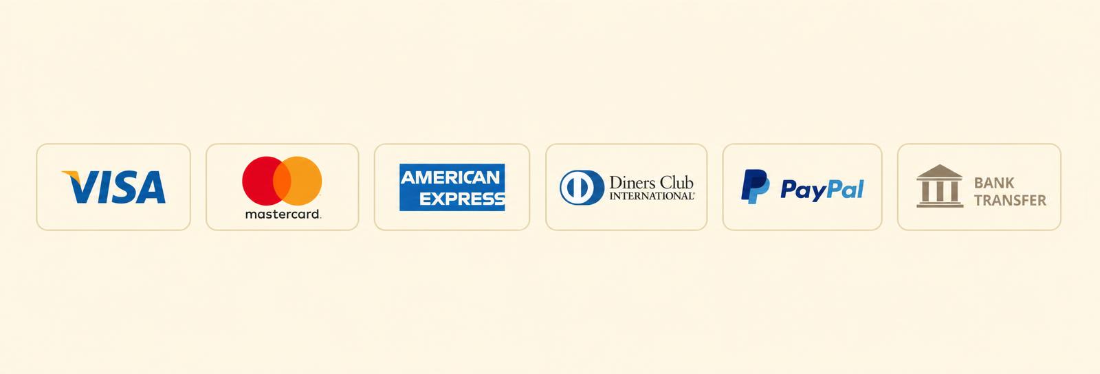 Métodos de pago disponibles: Visa, Mastercard, American Express, Diners Club, PayPal y transferencia bancaria